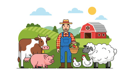 Farmer with farm animals and crops in a rural landscape, flat design illustration. © Bakul