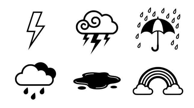 Weather icons including rain clouds and umbrella