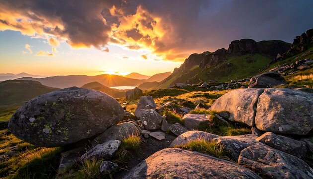 Rocky landscape at sunset with mountains.