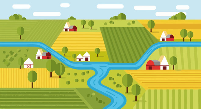 Vibrant Flat Design Rural Landscape with Winding River and Farmhouses