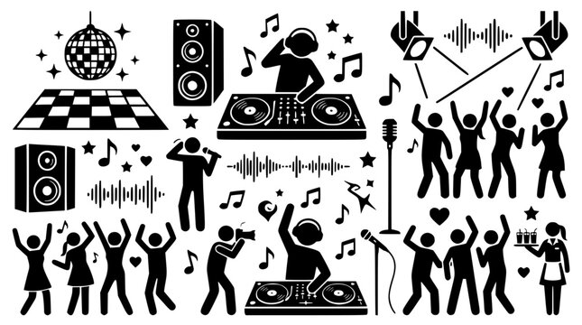 Black and white illustration of people dancing at a nightclub party