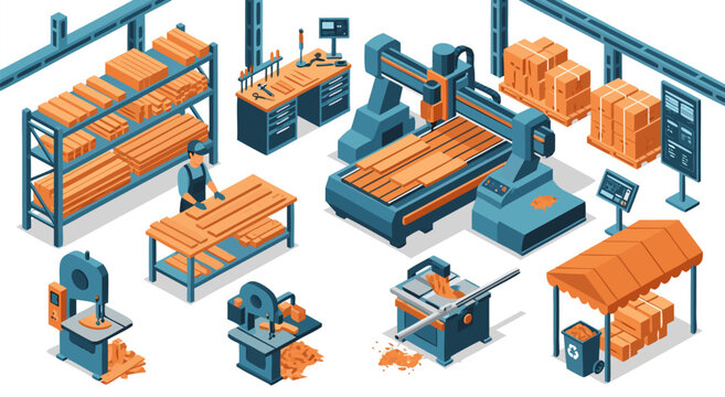 Isometric vector illustration of a carpentry workshop with tools and materials for woodworking and construction