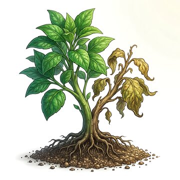 Plant with green and withered leaves and roots in soil isolated on white background