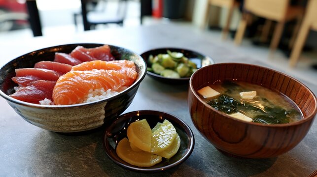 tuna and salmon don set meal, japanese sashimi rice bowl