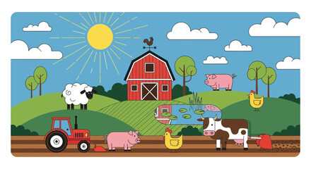 Farm life illustration: barn, tractor, animals, sun, countryside landscape with rolling hills © Bakul