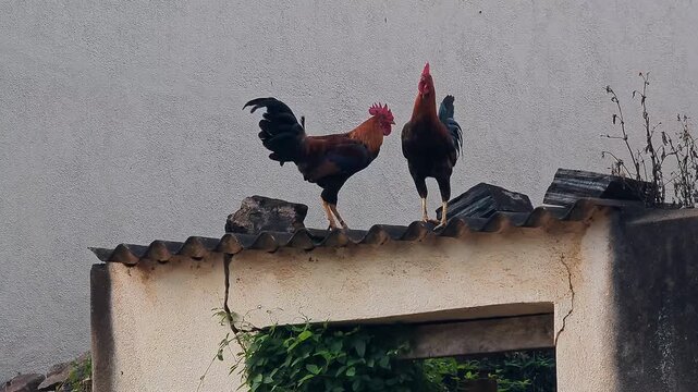 View of a rooster and hen standing together in a rural outdoor farm setting