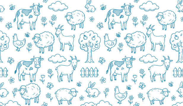 Farm animals and fruit doodle pattern on white background hand drawn style