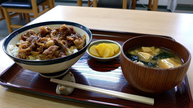 Gyudon set meal, Japanese beef rice bowl