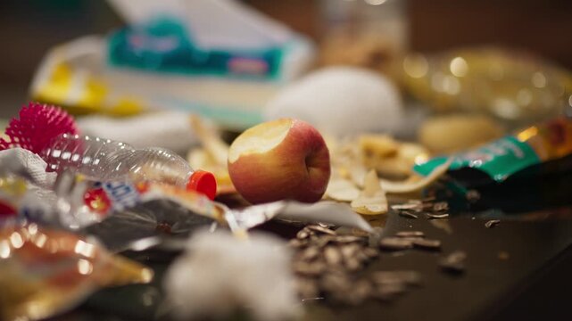 Bitten Apple in Focus on Messy Table Full of Trash