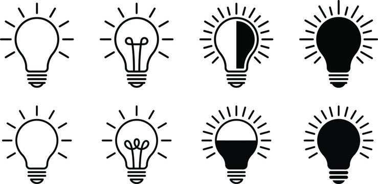 Four stages of lightbulb illumination flat icons on a white background