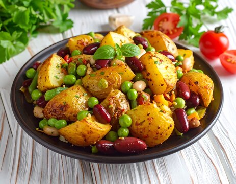 Colorful Roasted Potato Salad with Beans and Peas on Rustic Wooden Table