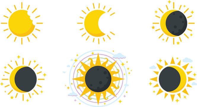 Solar Eclipse Phases Icon Set with Total Partial and Annular Astronomical Events Showing Sun and Moon Alignment Vector Illustration Design Elements