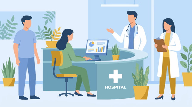 Doctors, receptionist, and patient at modern hospital reception