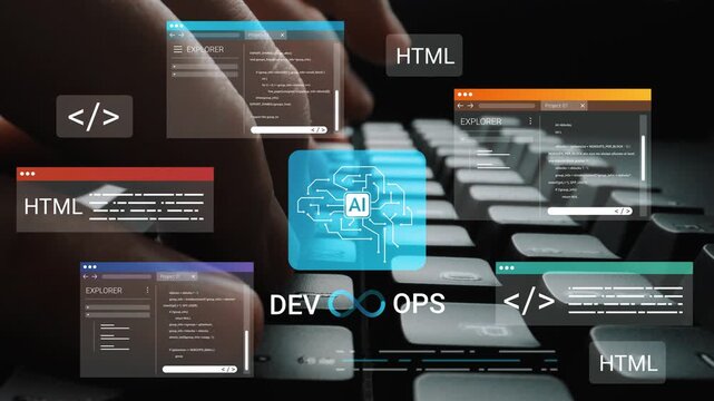 AI Technology Icon Overlapping with Coding Windows and Keyboard Illustrating Modern DevOps Concepts in Software Development Gluon.