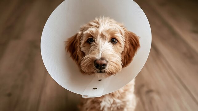 Golden doodle dog wearing a soft recovery collar standing on a wooden floor. Focusing on pet care and post surgery healing