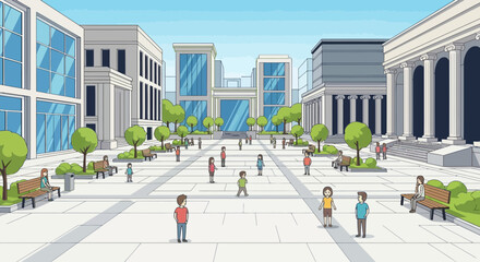 Pixel Art City Square with People Walking and Sitting on Benches © Sarwanto1122