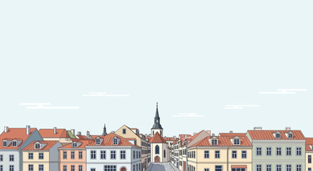 Fototapeta premium Charming European Townscape with Church Tower and Colorful Buildings Under a Clear Sky