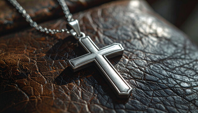 Close up of a silver cross necklace on a textured surface