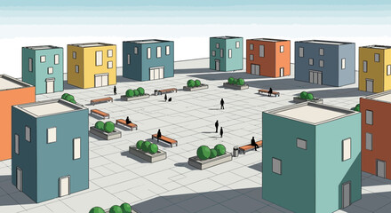 Modern Urban Plaza with Colorful Buildings and Pedestrians © Sarwanto1122