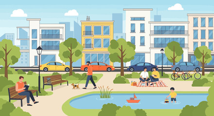 Urban park life: people relaxing, picnicking, and enjoying a pond in a modern city. © Sarwanto1122