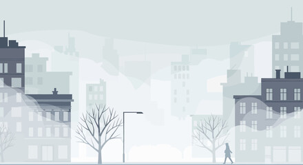 Naklejka premium Urban winter cityscape with bare trees and a lone pedestrian under a foggy sky.