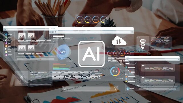 This image showcases a collaborative workplace scene with artificial intelligence analytics and vivid data visualizations overlaid on digital devices for innovative teamwork. Raster