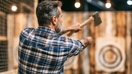 Obraz premium Mature man enjoying axe throwing indoor recreation, aiming at a wooden target, focusing on precision and fun