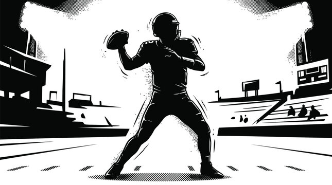 Professional football player athlete in uniform preparing to throw the ball during a competitive night game inside a large stadium depicted as a high contrast black and white vector illustration