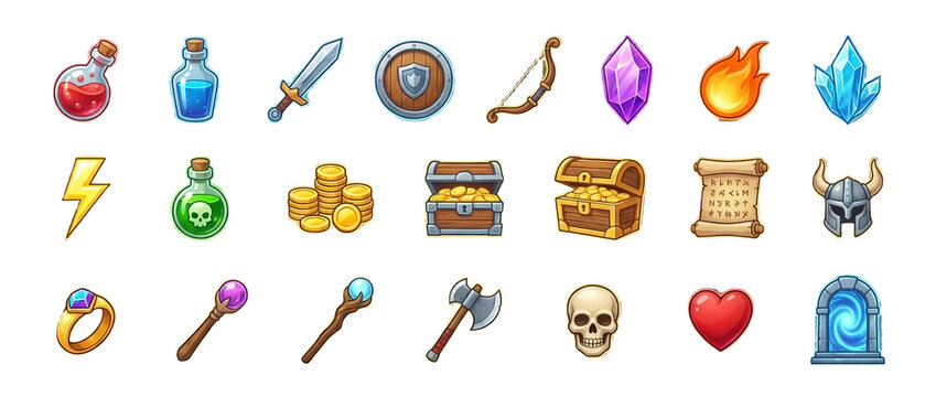 Set of fantasy game items and RPG icons on white background