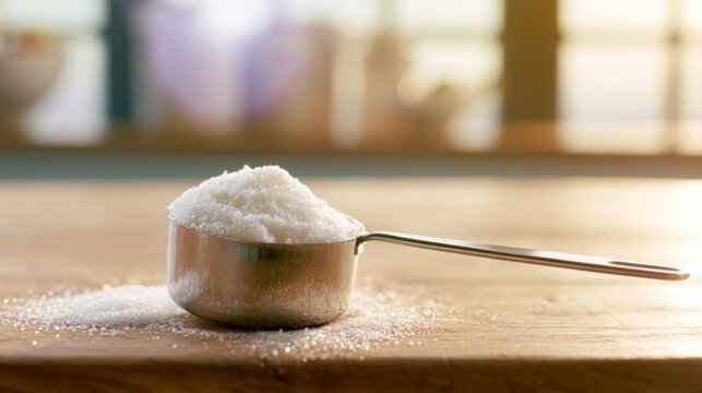 Measuring cup overflowing with sugar on a wooden kitchen counter, prepared for baking and cooking sweet treats