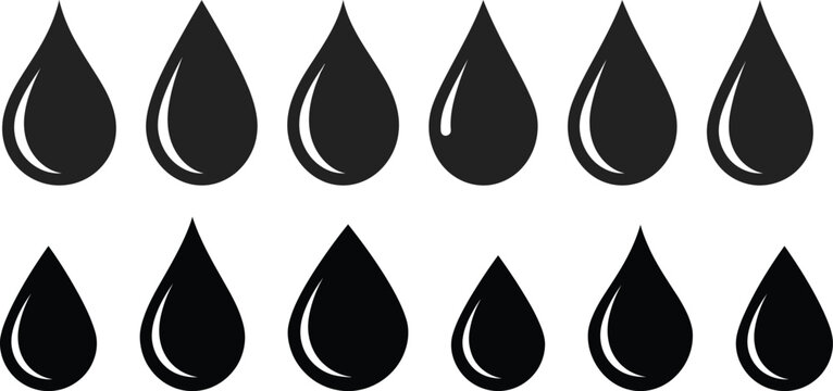 Black water droplets silhouette set on a white background for design projects