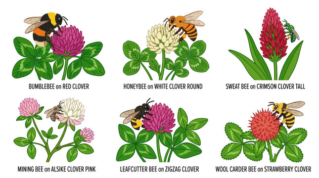 Bumblebee, Honeybee, Sweat Bee, Mining Bee, Leafcutter Bee, and Wool Carder Bee pollinating clover and crimson clover flowers, a diverse insect-plant interaction illustration