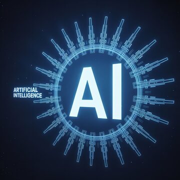 Artificial Intelligence AI glowing logo with digital network particles on dark futuristic background
