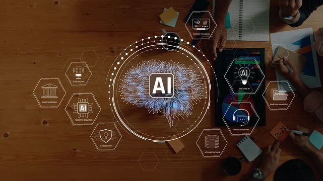 This image illustrates artificial intelligence themes with a digital brain and various business elements, highlighting exploration in technology and collaborative work processes. Raster