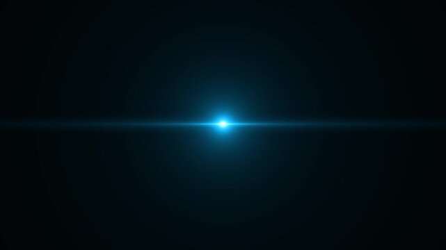 Blue Cinematic Optical Lens Flare Transition with moving from left to right, Bright Rainbow Glow, Chromatic Aberration, Flash Shine, Bokeh Particles and Explosion Streak Effects on Black Background 4K