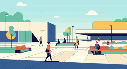 Modern City Square with People Relaxing and Walking in Flat Design Style © Sarwanto1122