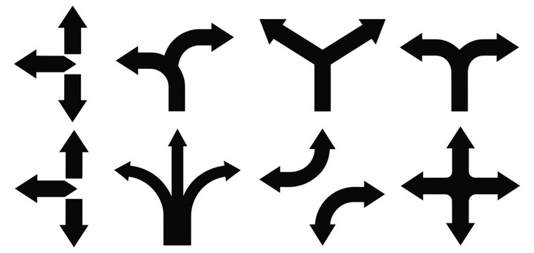 Road Direction Arrow Sign Set Vector Illustration Featuring One Way, Two Way and Three Way Navigation Traffic Route Symbols