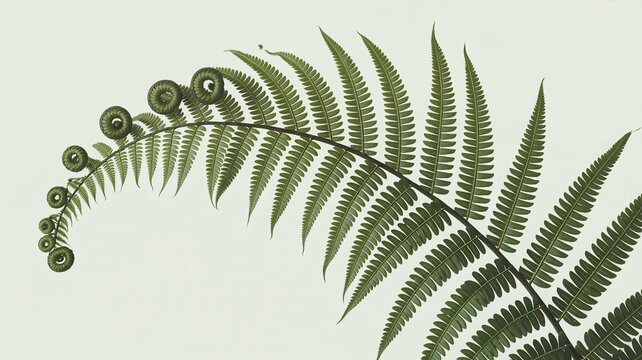 Closeup of a vibrant green fern frond with coiled fiddleheads isolated on white background