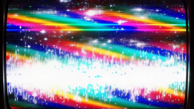 Two frames of a CRT television screen showing intense colorful glitch and static interference with horizontal rainbow bands, scanline distortion and psychedelic analog noise.