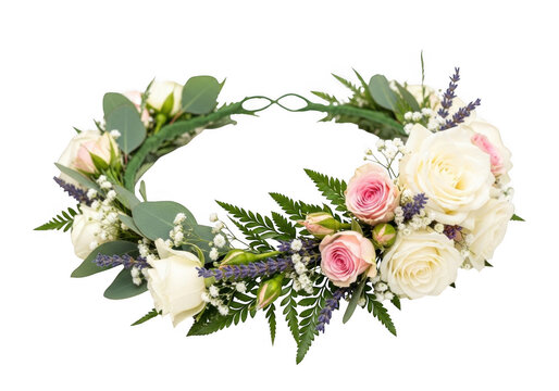Floral crown made of white and pink roses, green eucalyptus leaves, sprigs of lavender, and baby's breath flowers on a black background