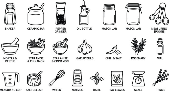 Kitchen Herbs Spices and Cooking Tools Line Icon Vector Set with Shaker Grinder Mortar and Measuring Spoons