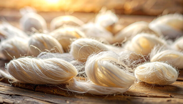 Close up of fluffy white yarn with warm lighting and wooden texture