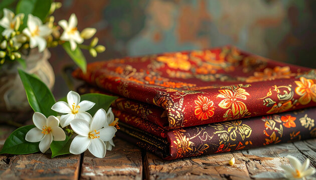 Close up of folded patterned textiles with flowers for decorative purposes