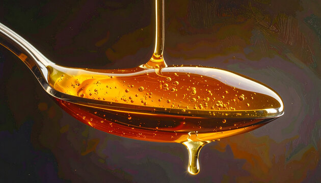 Close up of golden honey dripping from a spoon against a dark backdrop
