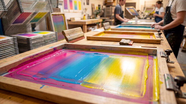Screen printing studio producing artistic gradient posters with vibrant colorful layered ink mesh