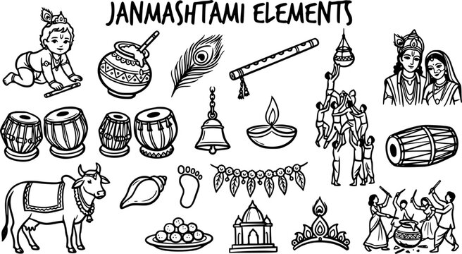 Black  White Line Art Janmashtami Elements Set. Hindu Festival Icons, Lord Krishna Symbols, Indian Culture, and Traditional Celebration Doodles.