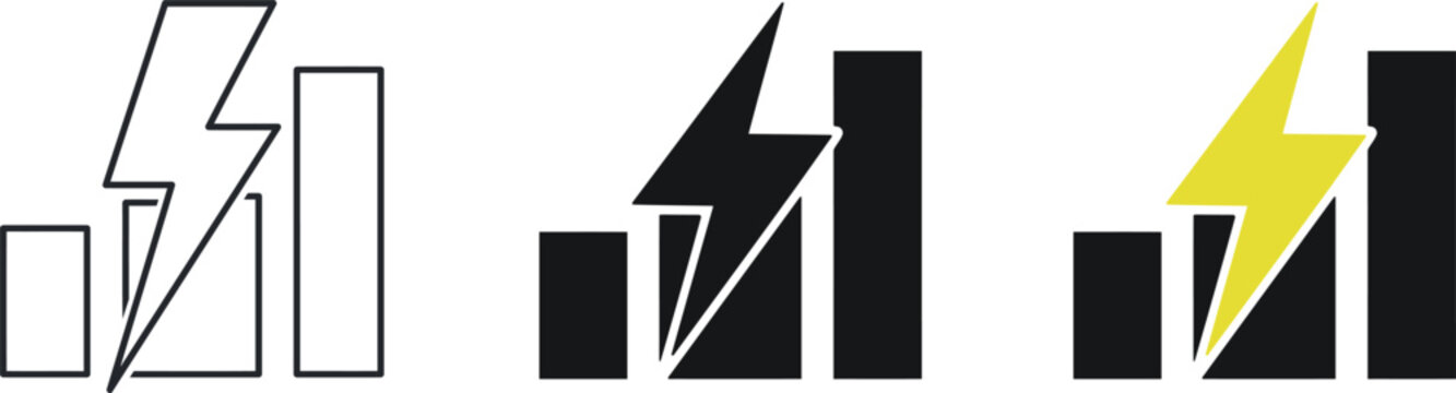 A set of three bar graph icons combined with lightning bolts symbolizing rapid business growth and energetic performance
