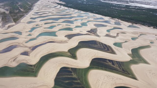 Aerial Drone View of Len&ccedil;&oacute;is Maranhenses White Sand Dunes and Turquoise Lagoons Brazil