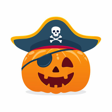 Halloween Pumpkin Pirate with Eye Patch and Skull Hat