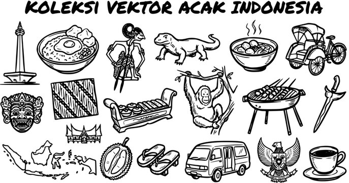 Indonesian Culture and Travel Doodle Line Art Vector Collection. Hand-drawn Icons Featuring Traditional Food, Landmarks, Animals, and Symbols of Indonesia.